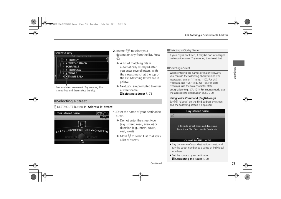 Reet, 2 selecting a street, P. 73 | HONDA 2012 Odyssey Navigation User Manual | Page 75 / 267