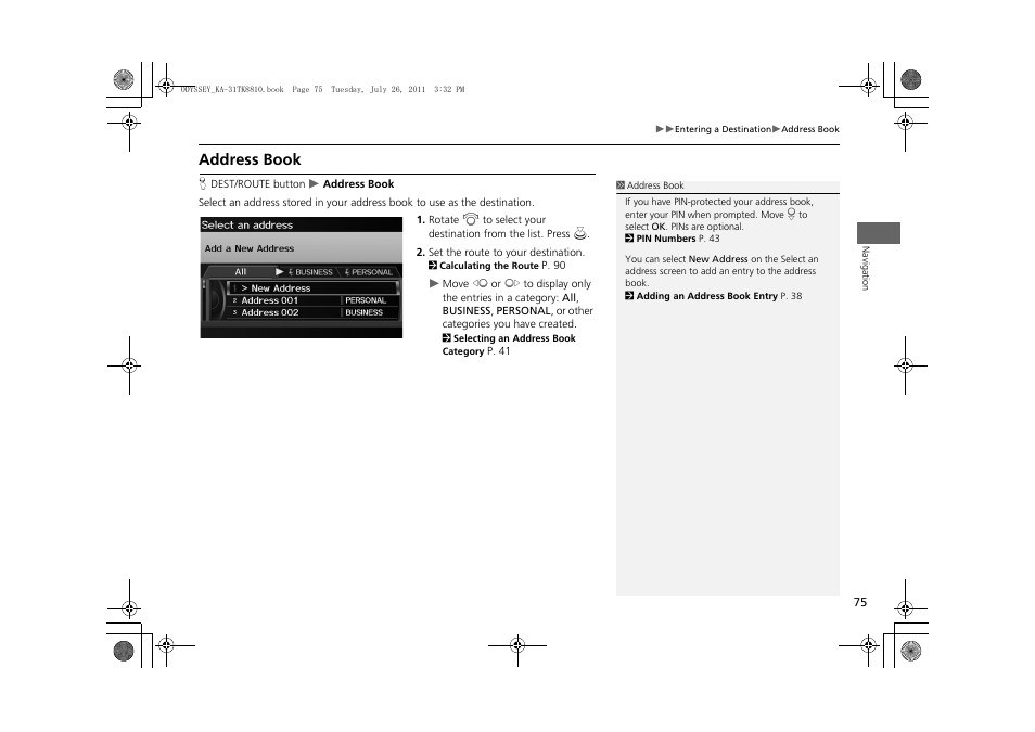 Address book, 2 address book, P. 75 | HONDA 2012 Odyssey Navigation User Manual | Page 77 / 267