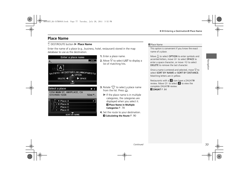 2 place name, P. 77, Place name | HONDA 2012 Odyssey Navigation User Manual | Page 79 / 267