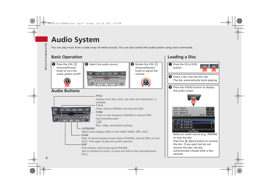 Scan button, Audio system, Basic operation audio buttons | Loading a disc | HONDA 2012 Odyssey Navigation User Manual | Page 8 / 267