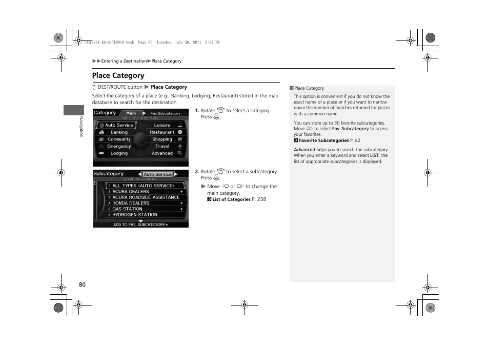 2 place category, P. 80, Place category | HONDA 2012 Odyssey Navigation User Manual | Page 82 / 267
