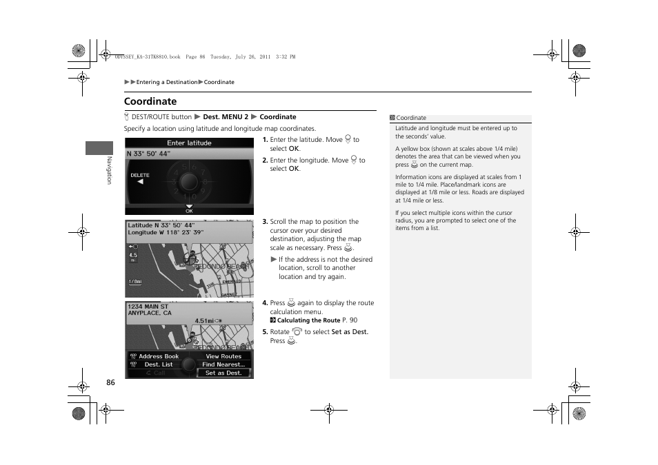 Coordinate, 2 coordinate, P. 86 | HONDA 2012 Odyssey Navigation User Manual | Page 88 / 267