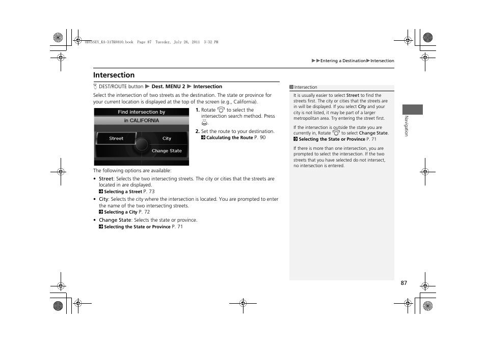 Intersection, 2 intersection, P. 87 | HONDA 2012 Odyssey Navigation User Manual | Page 89 / 267