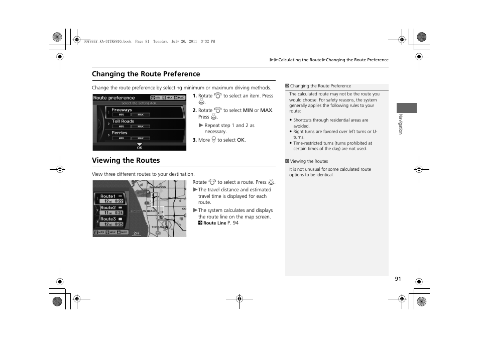P91), Changing the route preference viewing the routes, Method) | 2 changing the route preference, P. 91, 2 viewing the routes, Changing the route preference, Viewing the routes | HONDA 2012 Odyssey Navigation User Manual | Page 93 / 267