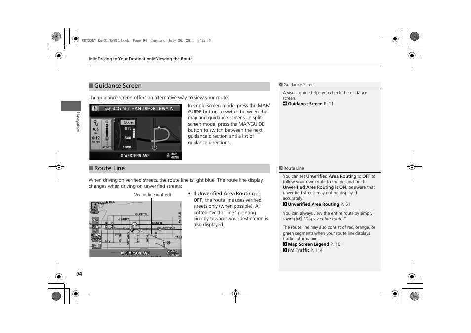 P94), P screen, 2 route line | P. 94 | HONDA 2012 Odyssey Navigation User Manual | Page 96 / 267