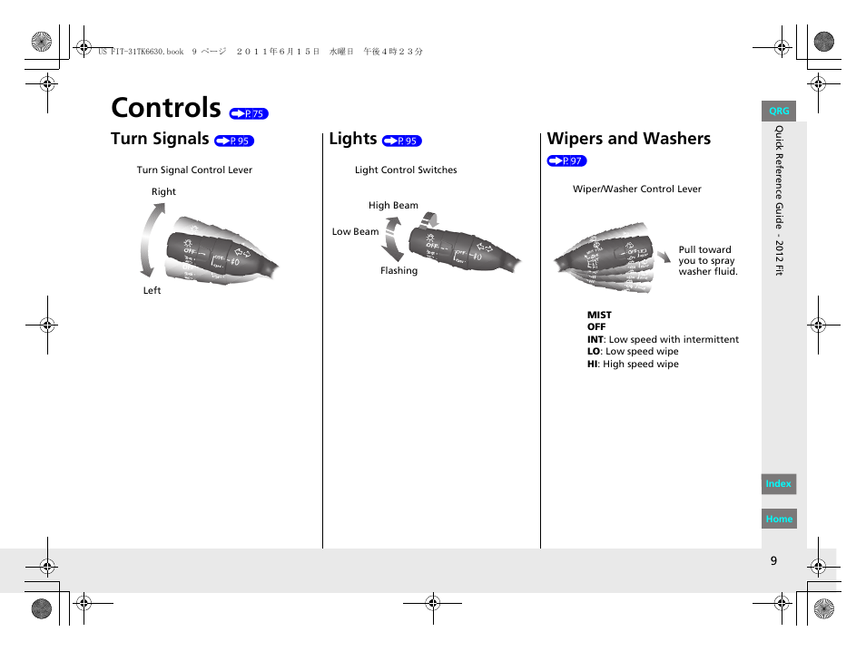 Controls (p75), Controls, Turn signals | Lights, Wipers and washers | HONDA 2012 Fit User Manual | Page 10 / 286