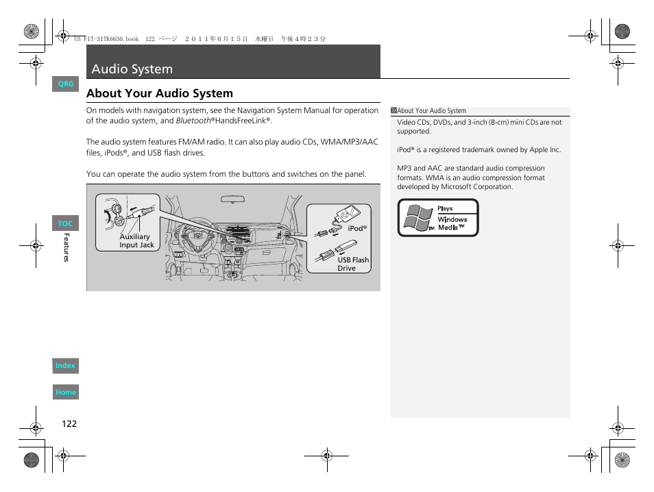 P. 122, P122), Audio system | About your audio system | HONDA 2012 Fit User Manual | Page 123 / 286