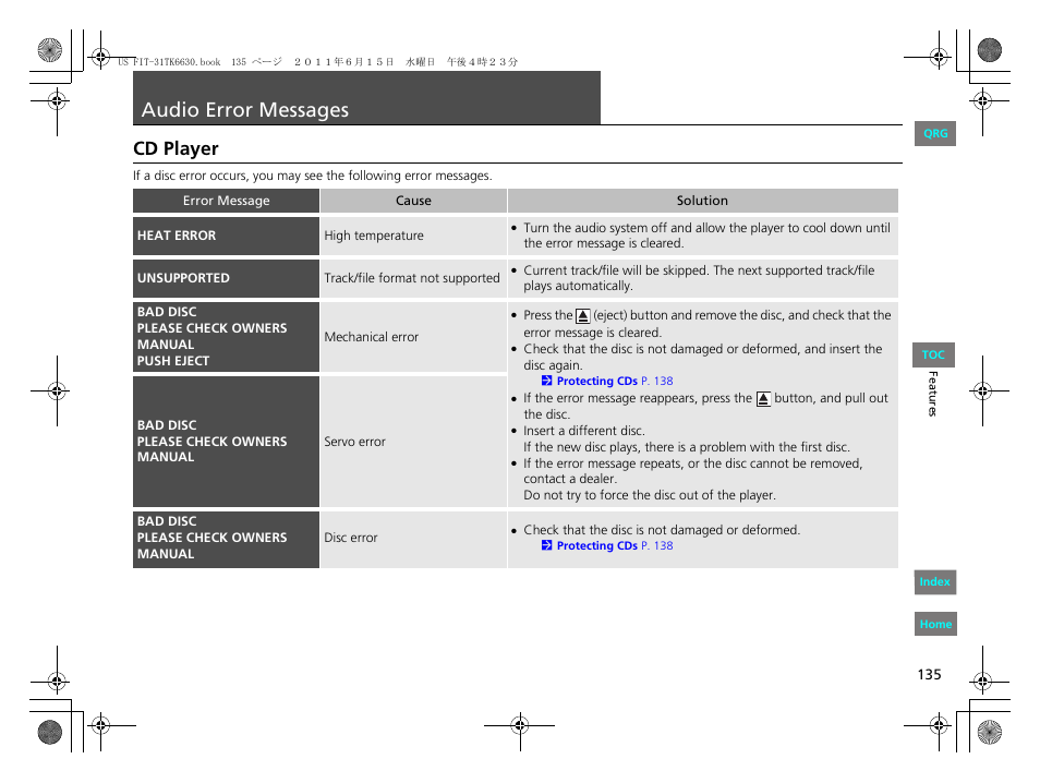 P. 135, Audio, Error | Messages, Audio error messages, Cd player | HONDA 2012 Fit User Manual | Page 136 / 286