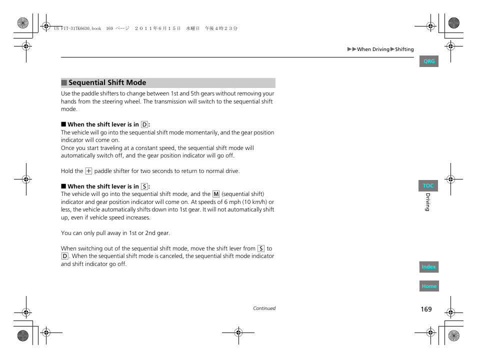 Sequential shift mode | HONDA 2012 Fit User Manual | Page 170 / 286