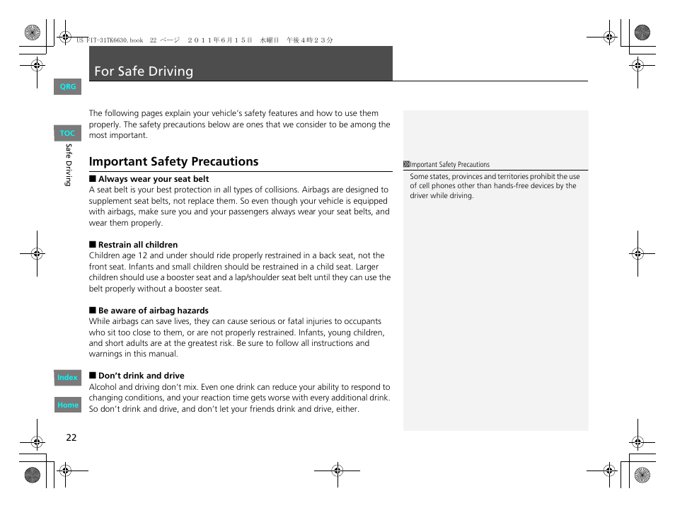 P. 22, For safe driving, Important safety precautions | HONDA 2012 Fit User Manual | Page 23 / 286