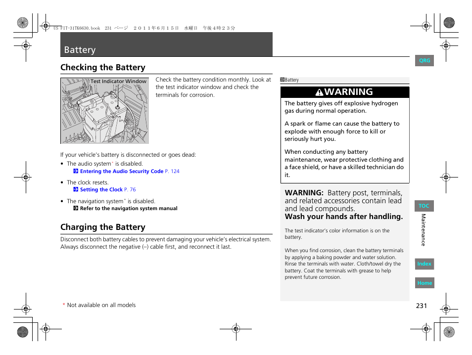 Battery, Warning, Checking the battery | Charging the battery | HONDA 2012 Fit User Manual | Page 232 / 286