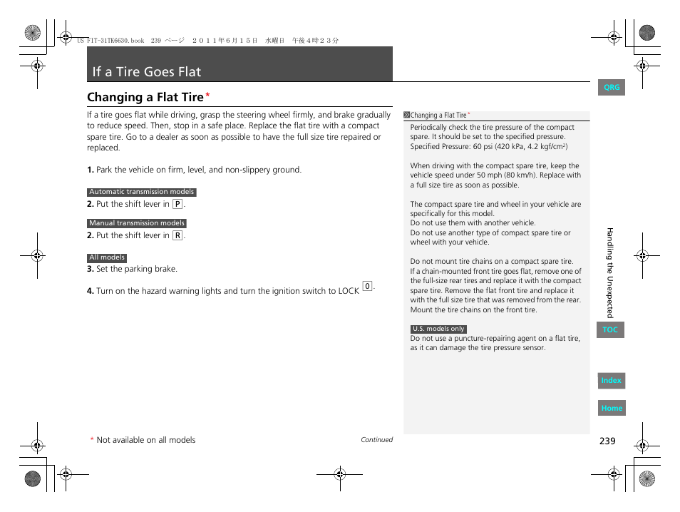 Flat, P239), At tire | Tire, Goes, Changing a flat tire, If a tire goes flat | HONDA 2012 Fit User Manual | Page 240 / 286