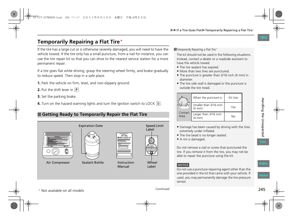 Temporarily repairing a flat tire | HONDA 2012 Fit User Manual | Page 246 / 286