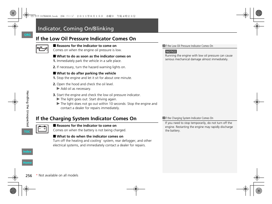 P. 256, P256), 2 if the low oil pressure indicator comes | 2 if the charging system indicator comes on, Indicator, Coming, On/blinking, Low oil, Pressure, Charging system indicator | HONDA 2012 Fit User Manual | Page 257 / 286