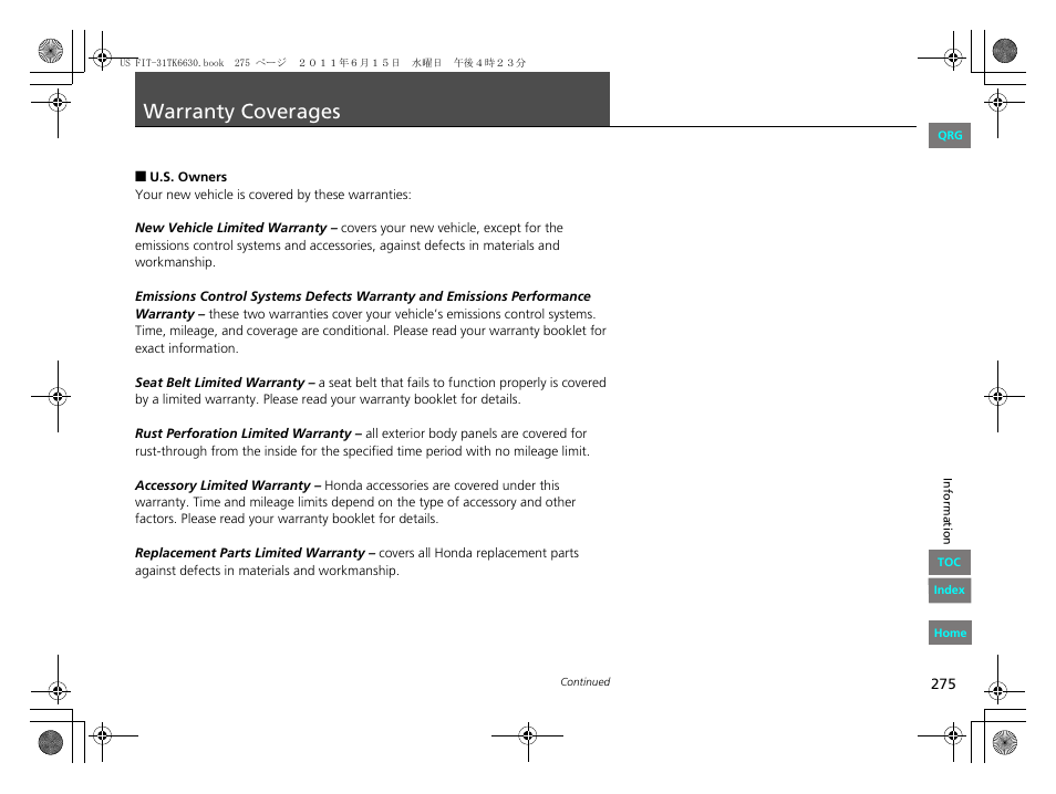 Verages, P. 275, Warranty coverages | HONDA 2012 Fit User Manual | Page 276 / 286