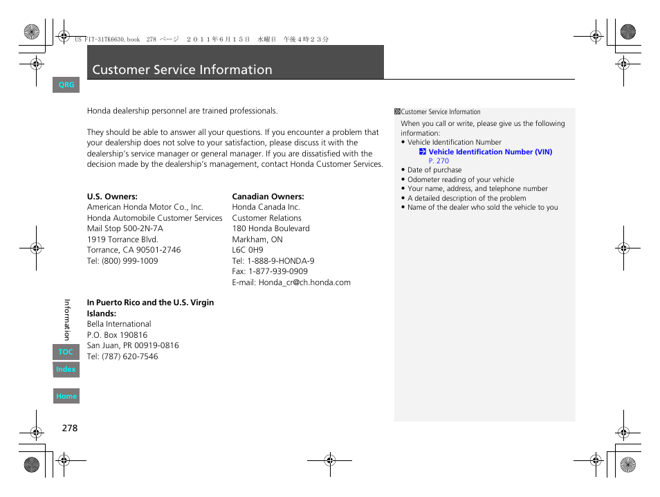 P. 278, Customer service information | HONDA 2012 Fit User Manual | Page 279 / 286