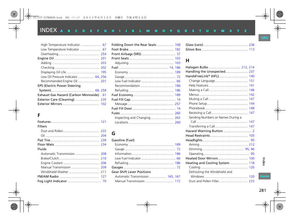 Index | HONDA 2012 Fit User Manual | Page 282 / 286