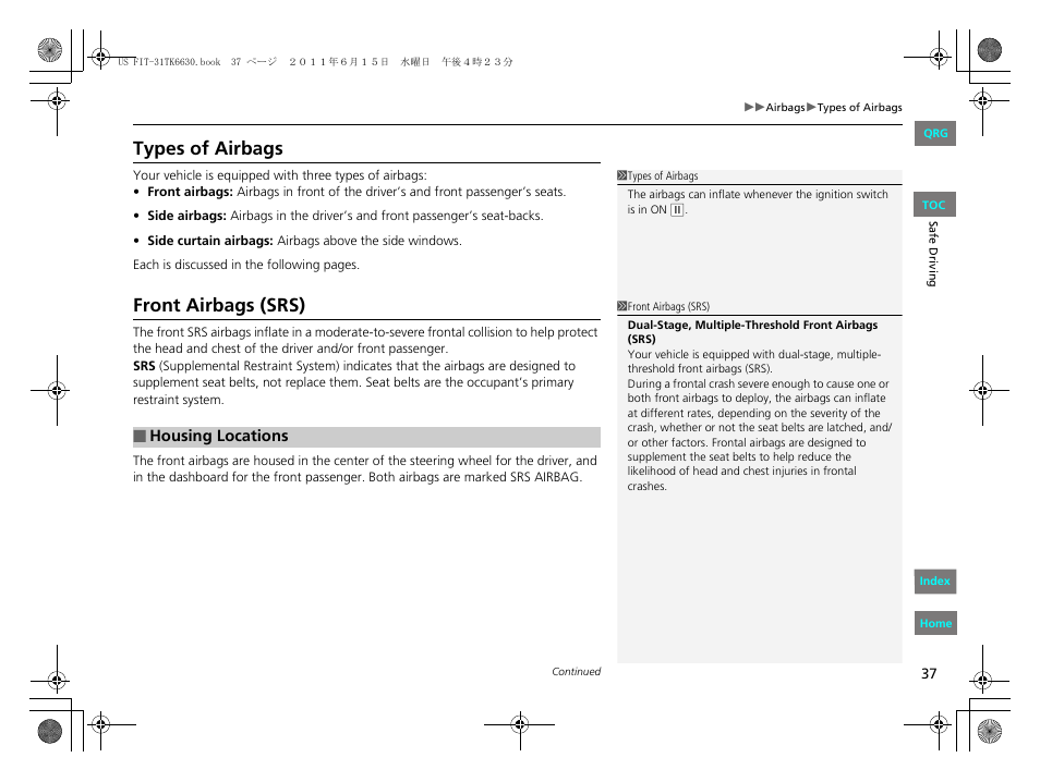 P37), Types of airbags, Front airbags (srs) | HONDA 2012 Fit User Manual | Page 38 / 286