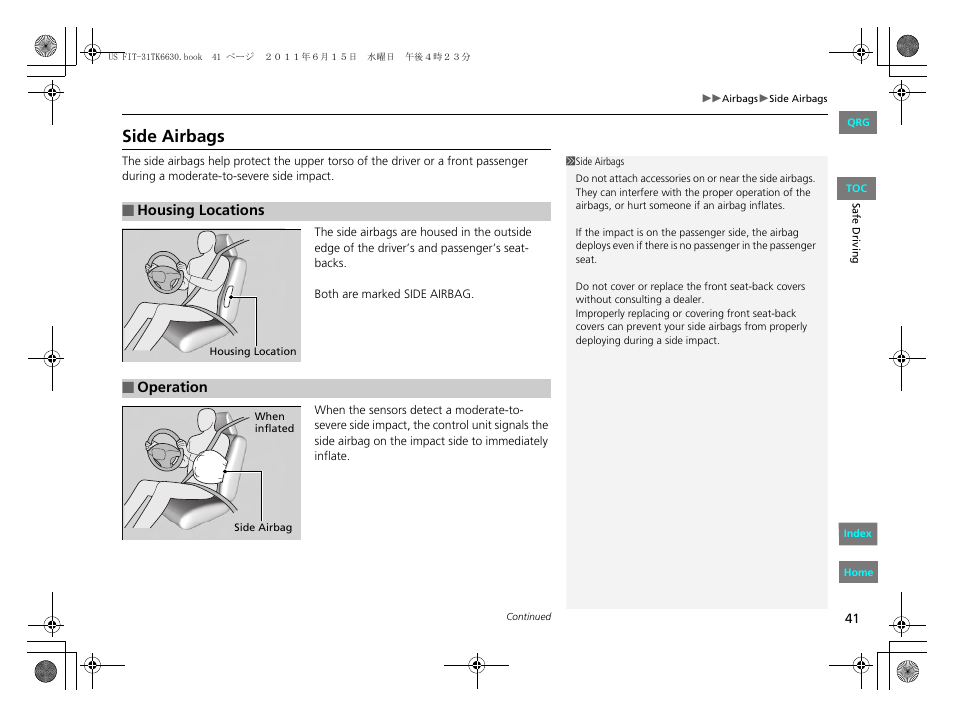 P41), Side airbags | HONDA 2012 Fit User Manual | Page 42 / 286