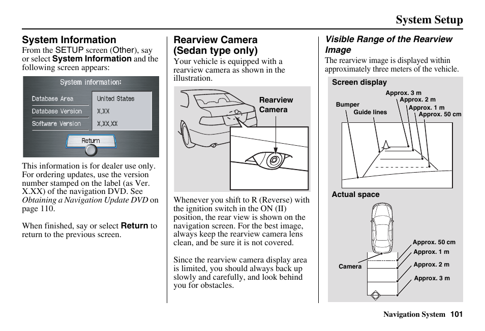 System setup, System information, Rearview camera (sedan type only) | HONDA 2011 Accord Navigation User Manual | Page 102 / 157