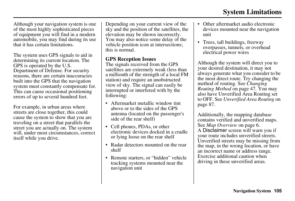 System limitations | HONDA 2011 Accord Navigation User Manual | Page 106 / 157