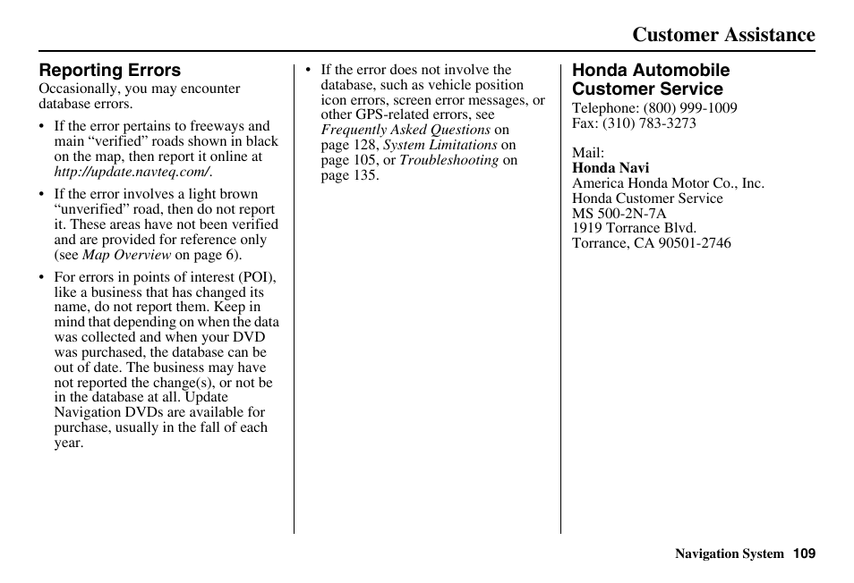 Customer assistance | HONDA 2011 Accord Navigation User Manual | Page 110 / 157