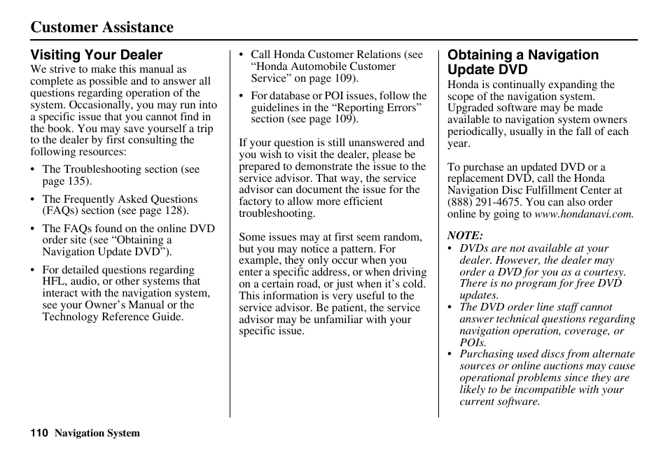Customer assistance | HONDA 2011 Accord Navigation User Manual | Page 111 / 157