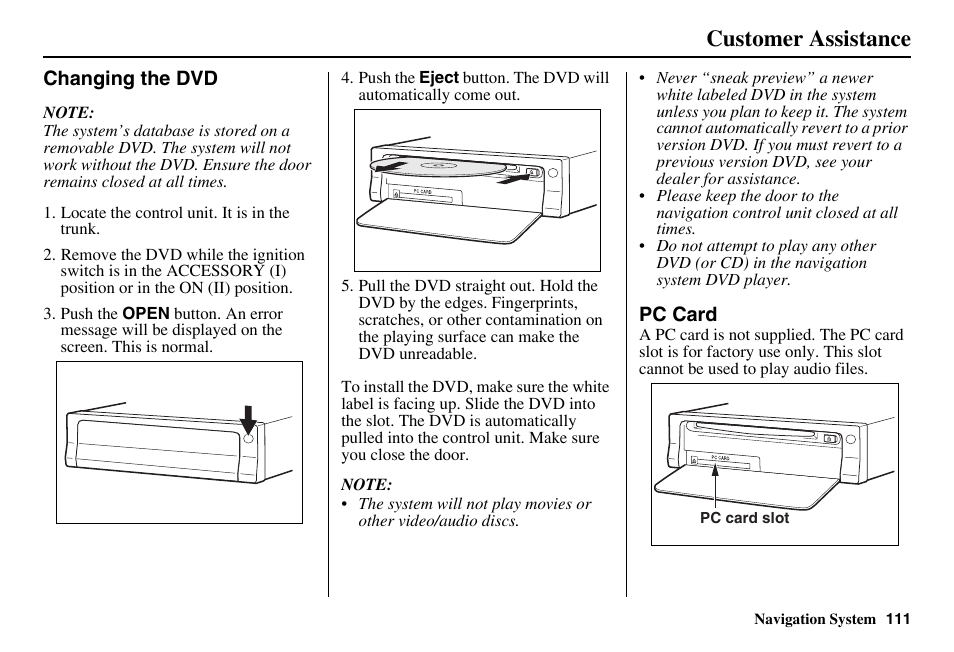 Customer assistance | HONDA 2011 Accord Navigation User Manual | Page 112 / 157