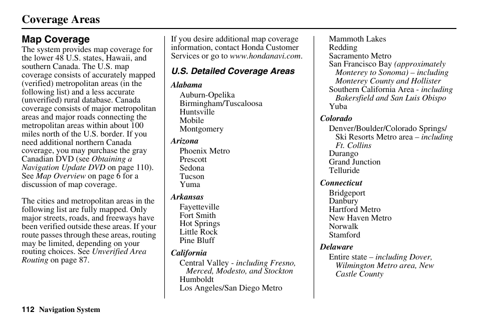 Coverage areas | HONDA 2011 Accord Navigation User Manual | Page 113 / 157