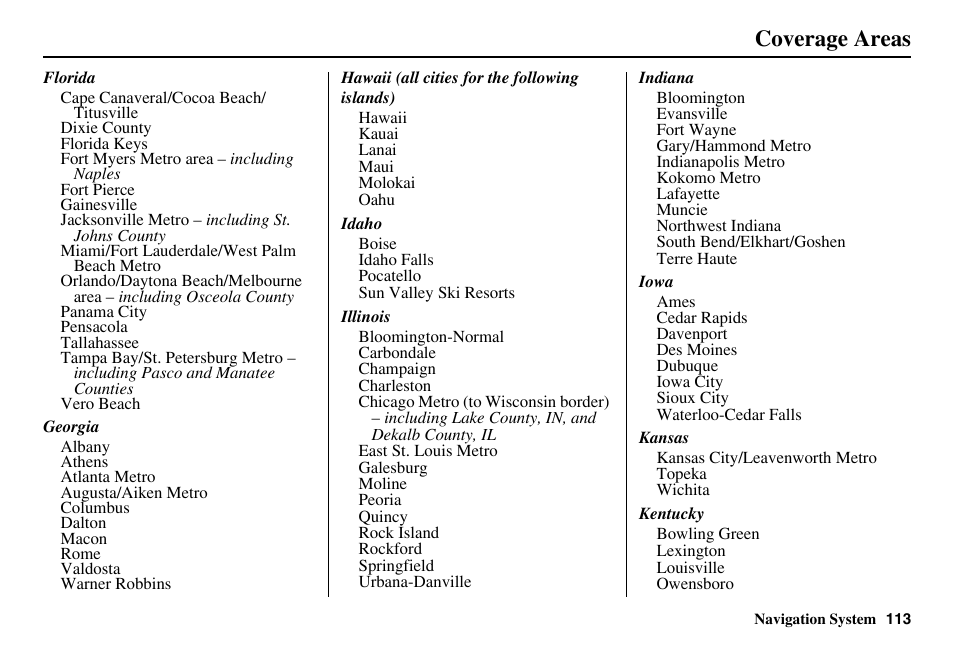 Coverage areas | HONDA 2011 Accord Navigation User Manual | Page 114 / 157