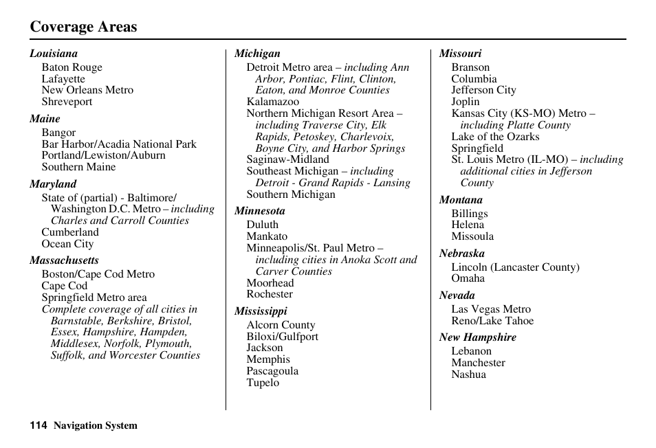 Coverage areas | HONDA 2011 Accord Navigation User Manual | Page 115 / 157