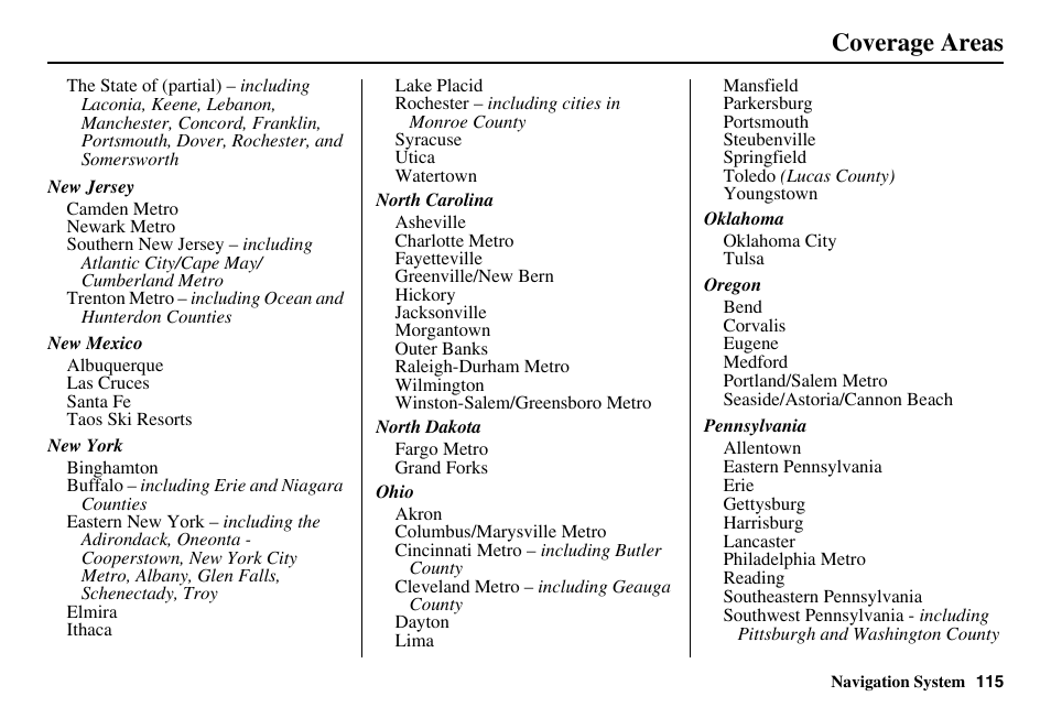 Coverage areas | HONDA 2011 Accord Navigation User Manual | Page 116 / 157