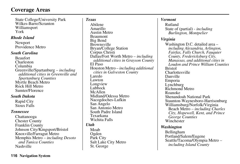 Coverage areas | HONDA 2011 Accord Navigation User Manual | Page 117 / 157