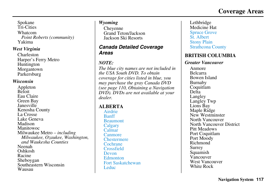 Coverage areas | HONDA 2011 Accord Navigation User Manual | Page 118 / 157