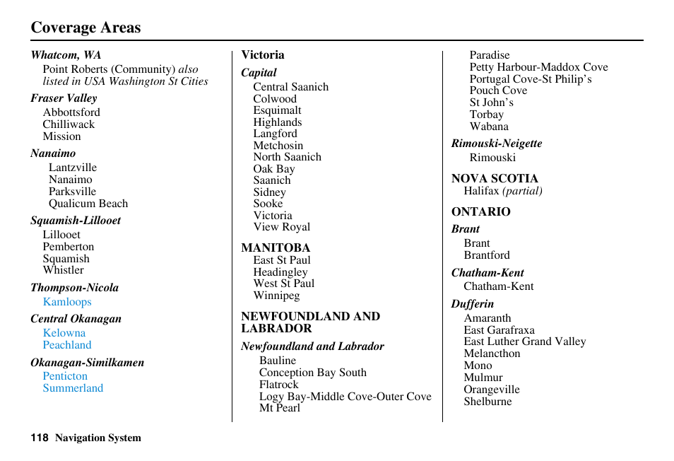 Coverage areas | HONDA 2011 Accord Navigation User Manual | Page 119 / 157