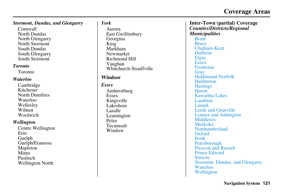 Coverage areas | HONDA 2011 Accord Navigation User Manual | Page 122 / 157