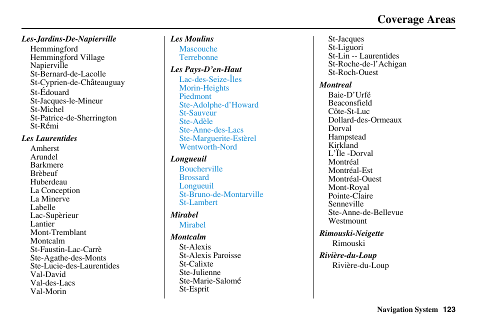 Coverage areas | HONDA 2011 Accord Navigation User Manual | Page 124 / 157