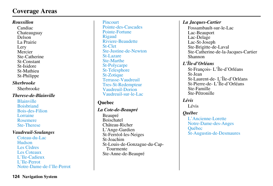 Coverage areas | HONDA 2011 Accord Navigation User Manual | Page 125 / 157