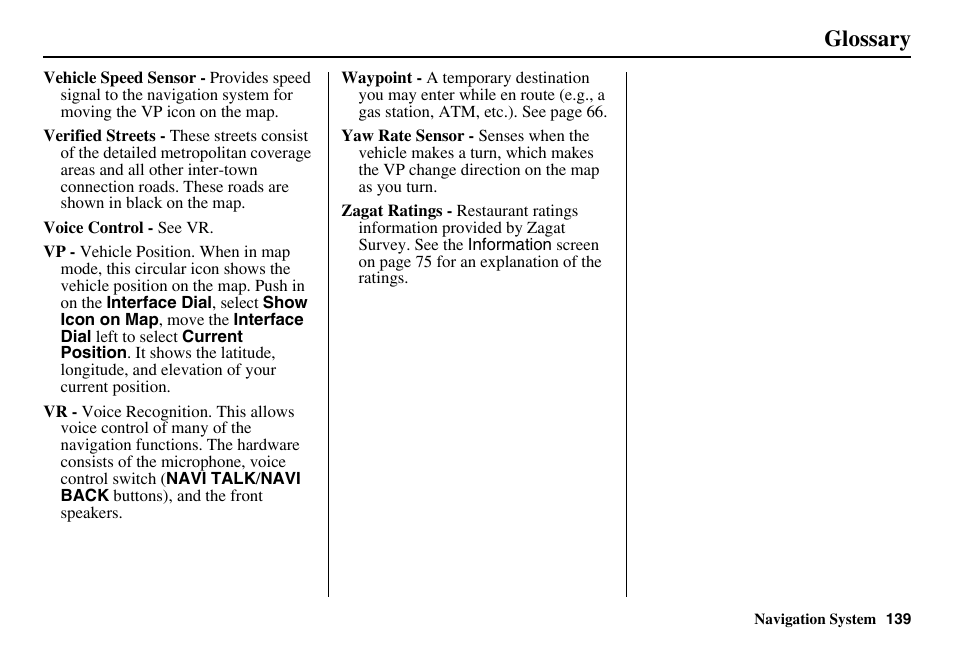 Glossary | HONDA 2011 Accord Navigation User Manual | Page 140 / 157