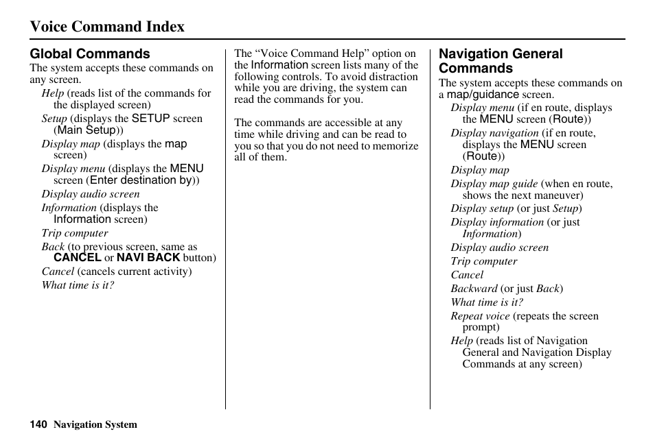 Voice command index | HONDA 2011 Accord Navigation User Manual | Page 141 / 157