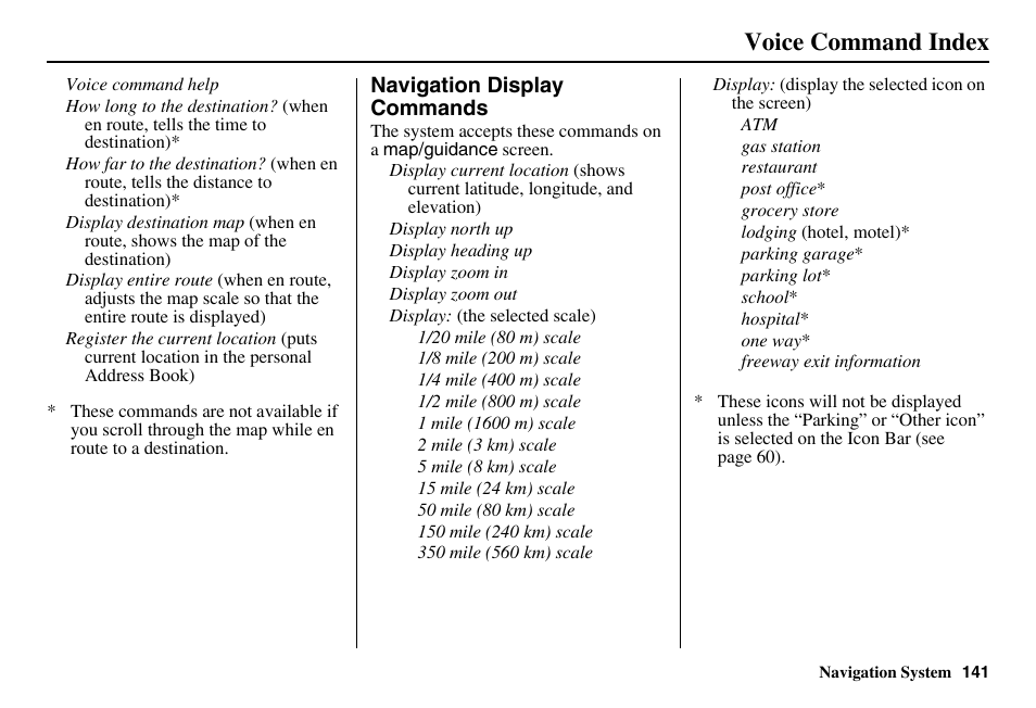 Voice command index | HONDA 2011 Accord Navigation User Manual | Page 142 / 157