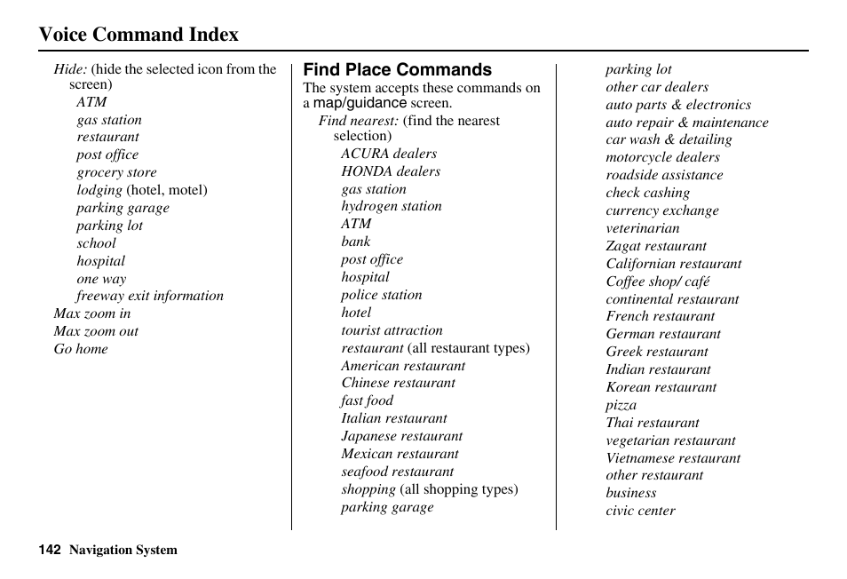 Voice command index | HONDA 2011 Accord Navigation User Manual | Page 143 / 157