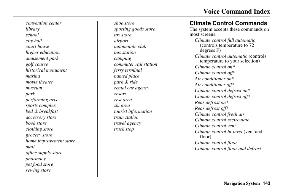 Voice command index | HONDA 2011 Accord Navigation User Manual | Page 144 / 157