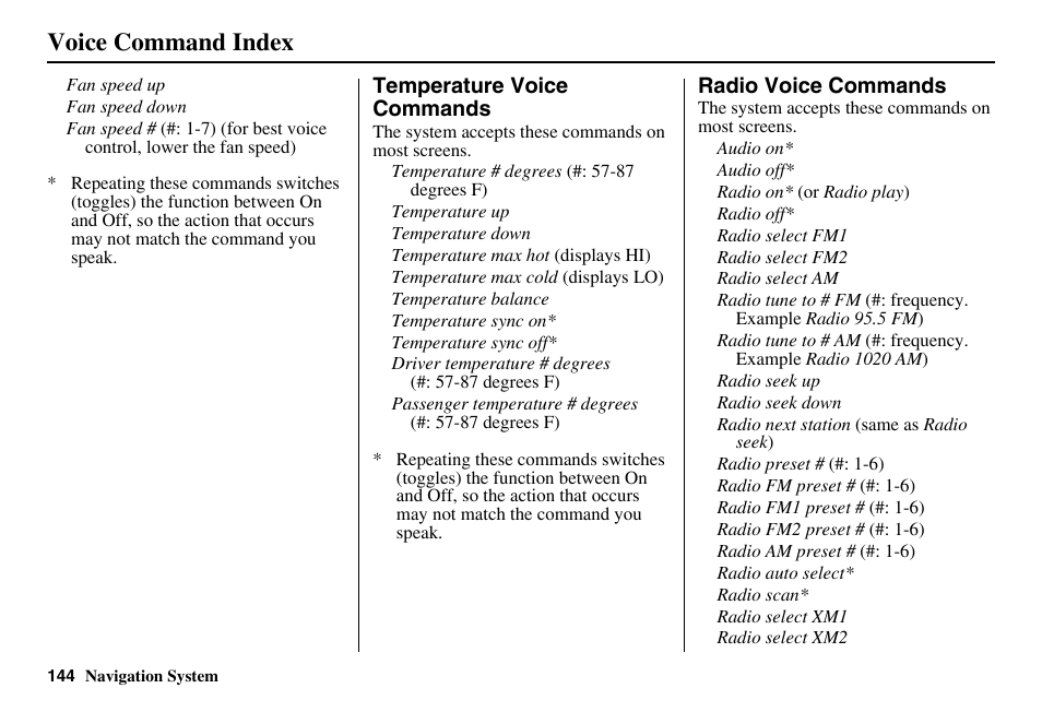 Voice command index | HONDA 2011 Accord Navigation User Manual | Page 145 / 157