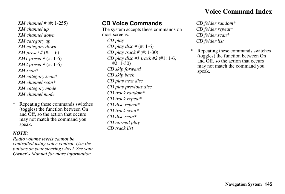 Voice command index | HONDA 2011 Accord Navigation User Manual | Page 146 / 157