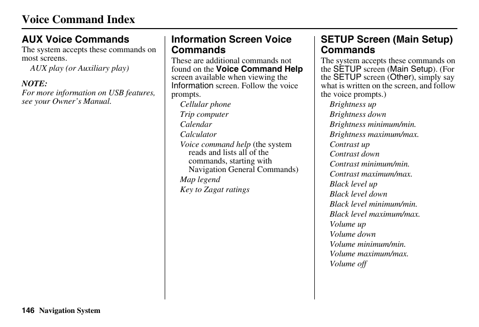 Voice command index | HONDA 2011 Accord Navigation User Manual | Page 147 / 157
