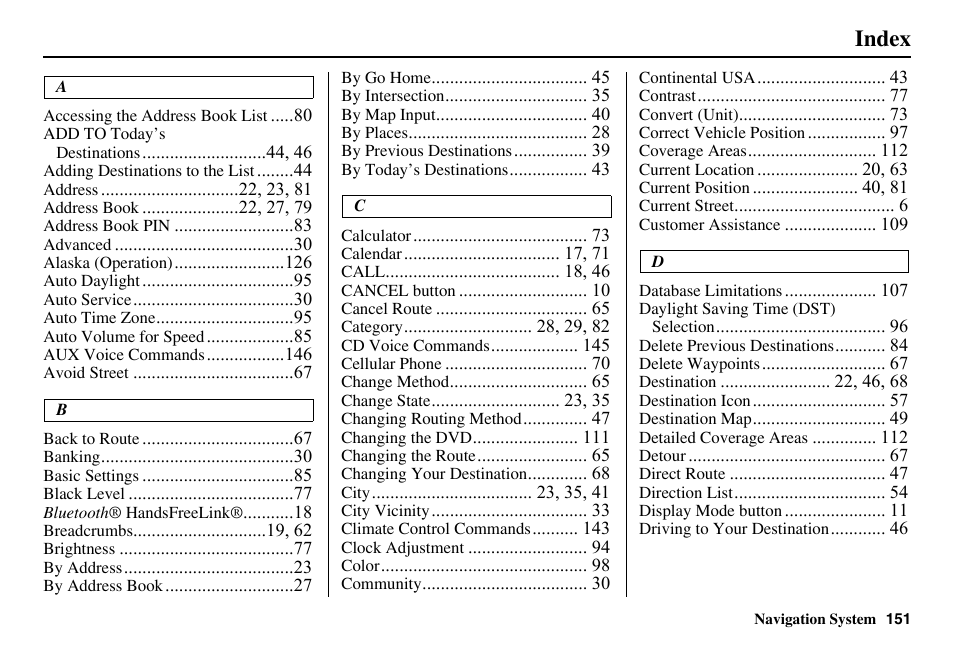 Index | HONDA 2011 Accord Navigation User Manual | Page 152 / 157