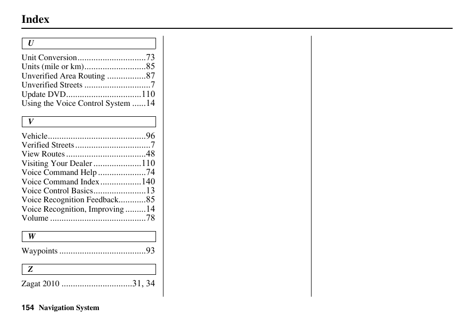 Index | HONDA 2011 Accord Navigation User Manual | Page 155 / 157