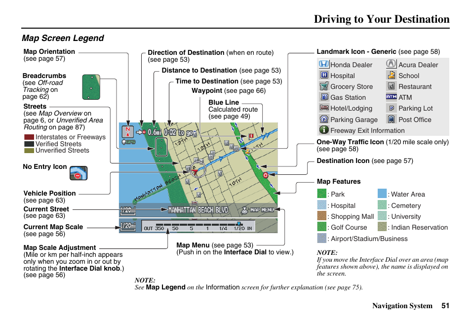 Driving to your destination, Map screen legend | HONDA 2011 Accord Navigation User Manual | Page 52 / 157