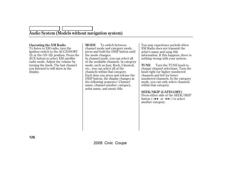 Audio system (models without navigation system) | HONDA 2008 Civic Coupe User Manual | Page 129 / 332